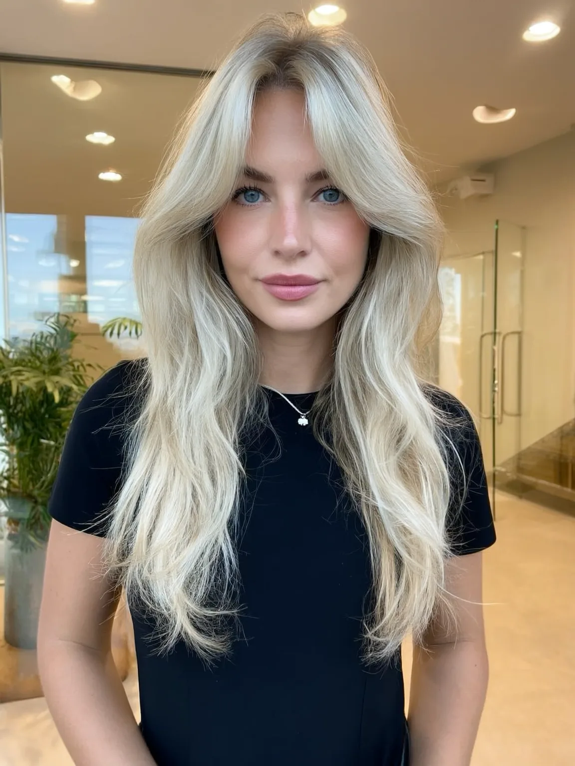 Platinum Blonde Soft Layers with Curtain Bangs